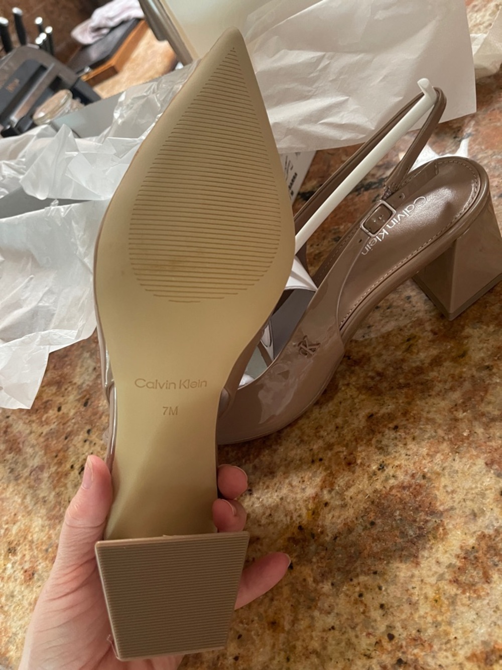Calvin Klein Nude Patent Slingback Block Heel Pumps - Picture 3 of 7